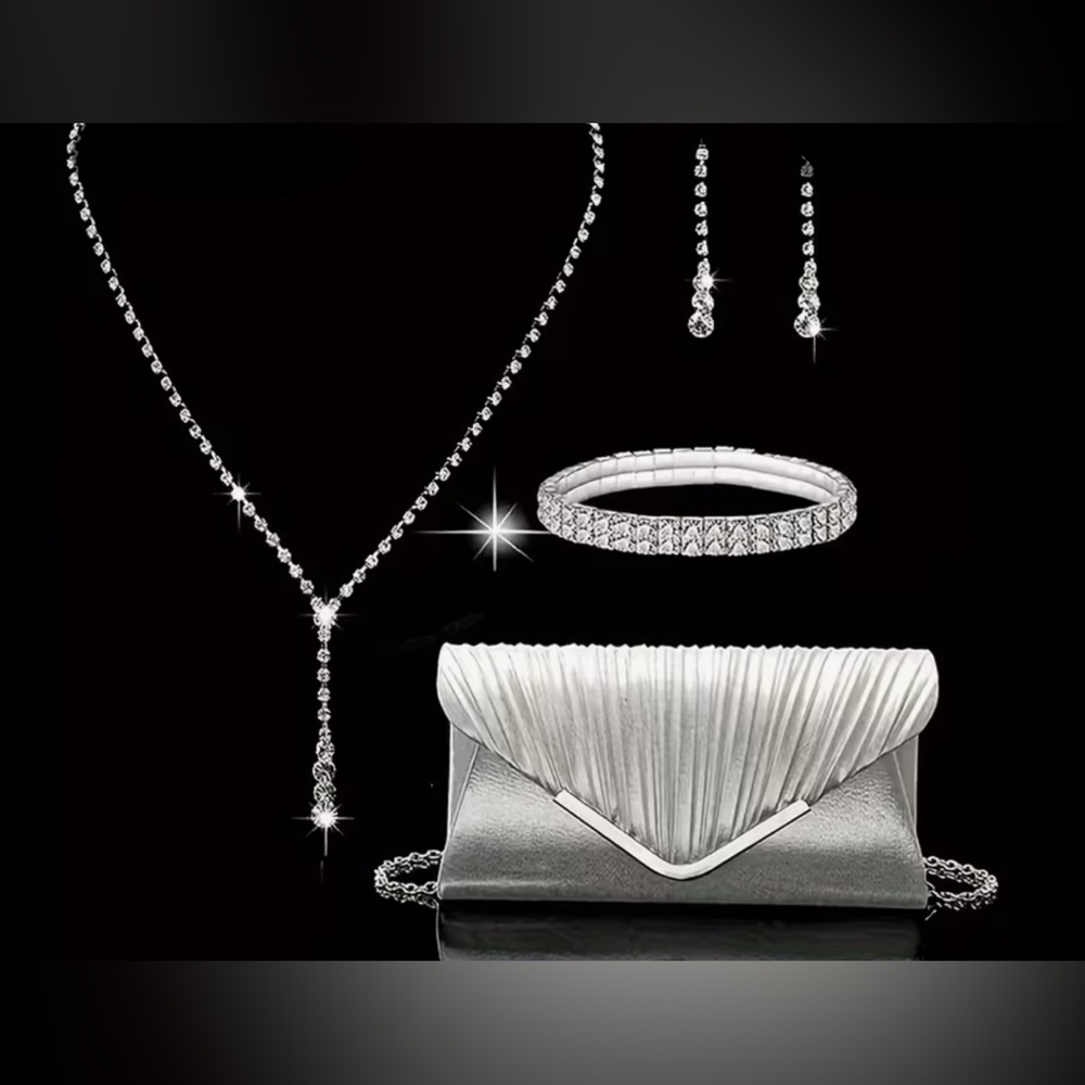 New Elegant Silver Dress Bag and Rhinestone Jewelry Set